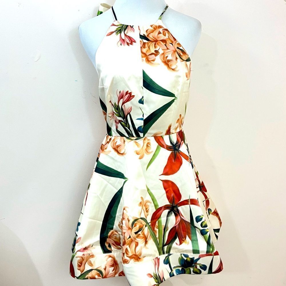 Lulu’’s Sunny Centerpiece Cream Floral Fit and Flare Satin Mini Dress S